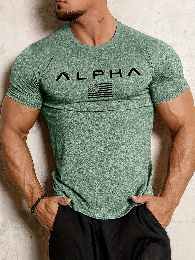 Spring and Summer Pure Color Printing Sports Fitness Shortsleeved Tshirt Mens O Neck Stretch Training Exercise top 260605