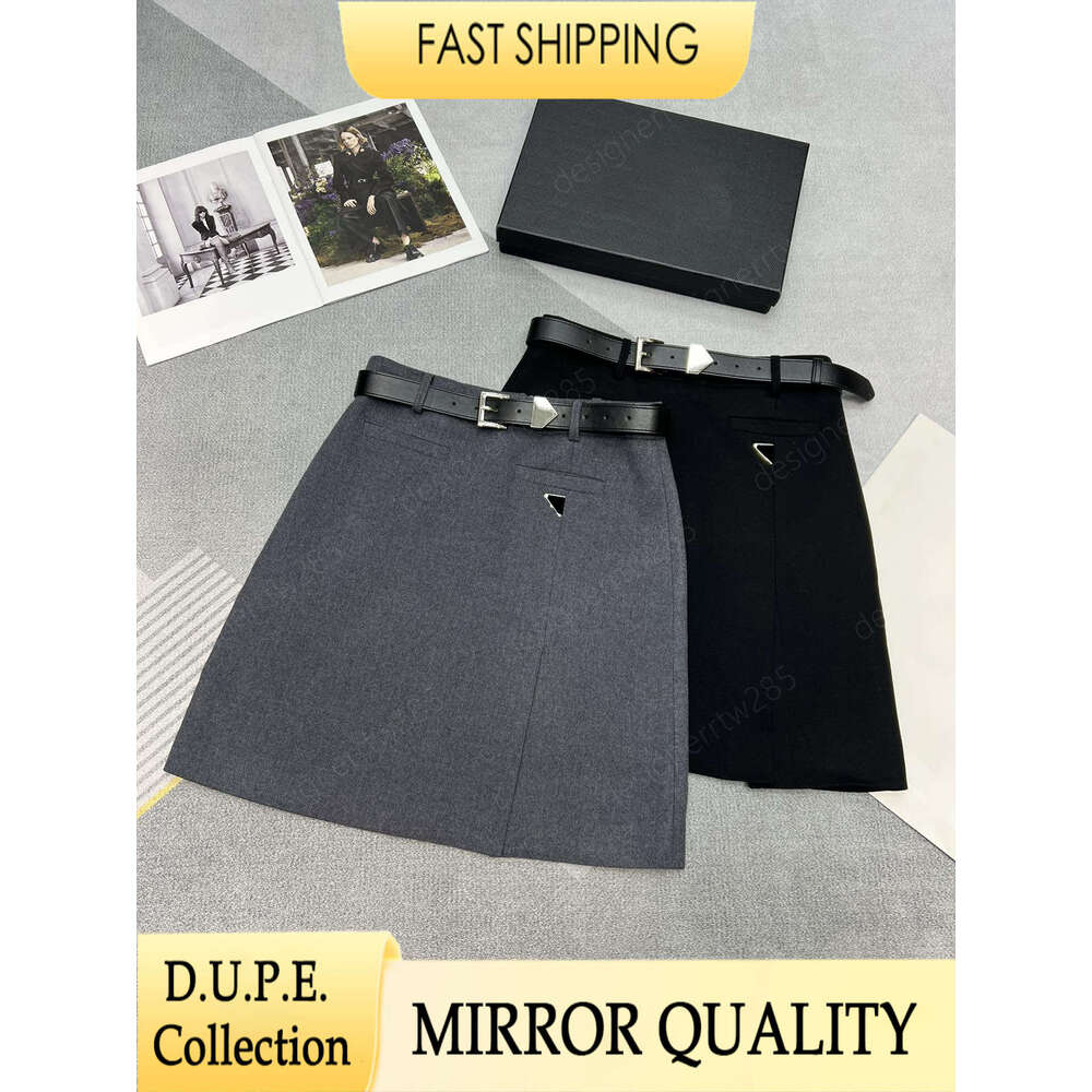 Designer Black Mini Skirt with Belt Side Slit A-Line Slim Shorts Skirts High Waist Triangle Badge Luxury Brand Style Office Short Dress Faldas Ju-image-1109224322