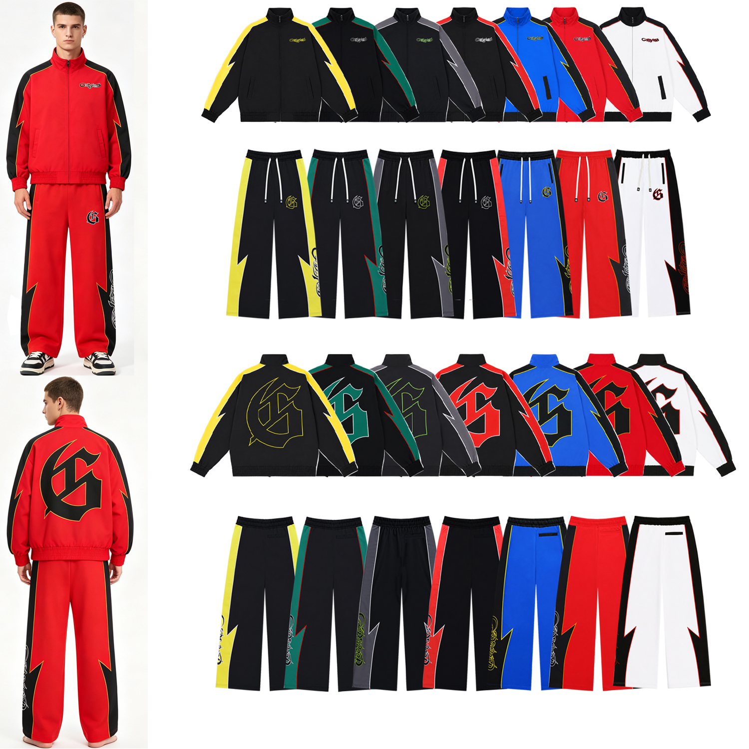 mens suit tracksuit American style jacket and pants street color-blocking sportswear set Contrasting-color lightning-edge loose-fitting sports outfi