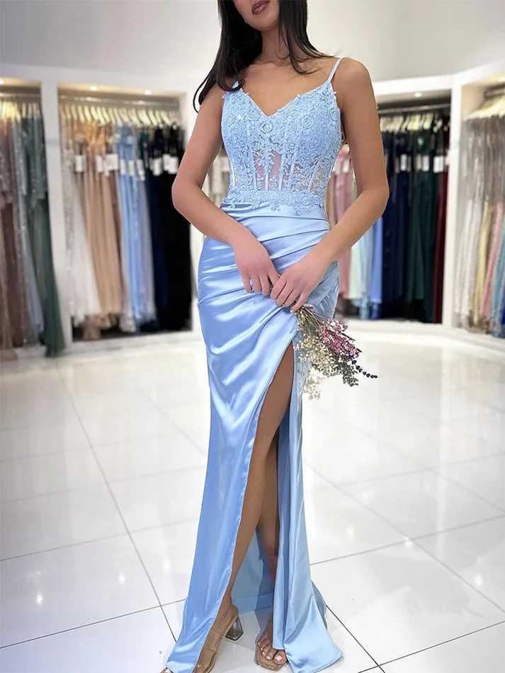 Sky Blue Lace Applique Spaghetti Strap V Neck Sheer Corset Waist Ruched High Slit Satin Mermaid Maxi Evening Prom Dress Formal Cocktail Elegant Glos