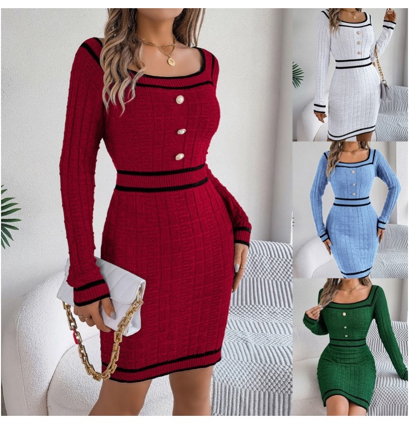 (1893) Autumn and Winter European and American Elegant Square Collar Button-down Long-sleeved Sweater Hip Skirt-image-1109154322