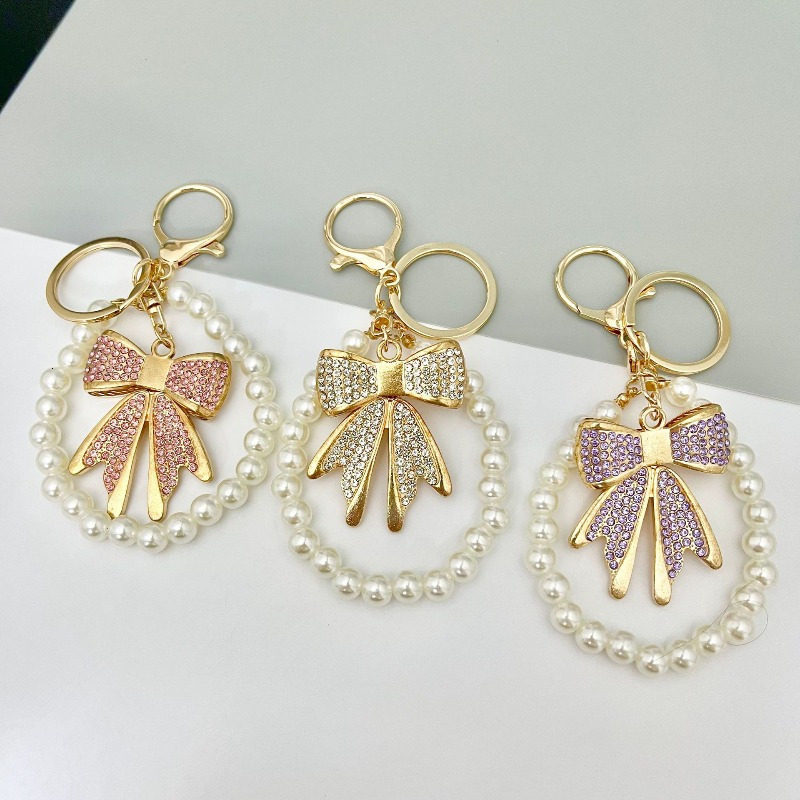 Keychain Bag Charm Rhinestone Bow Pearl Beaded Key Ring Purse Designer Pendant for Women Girls Fashion Light Luxury Accessory