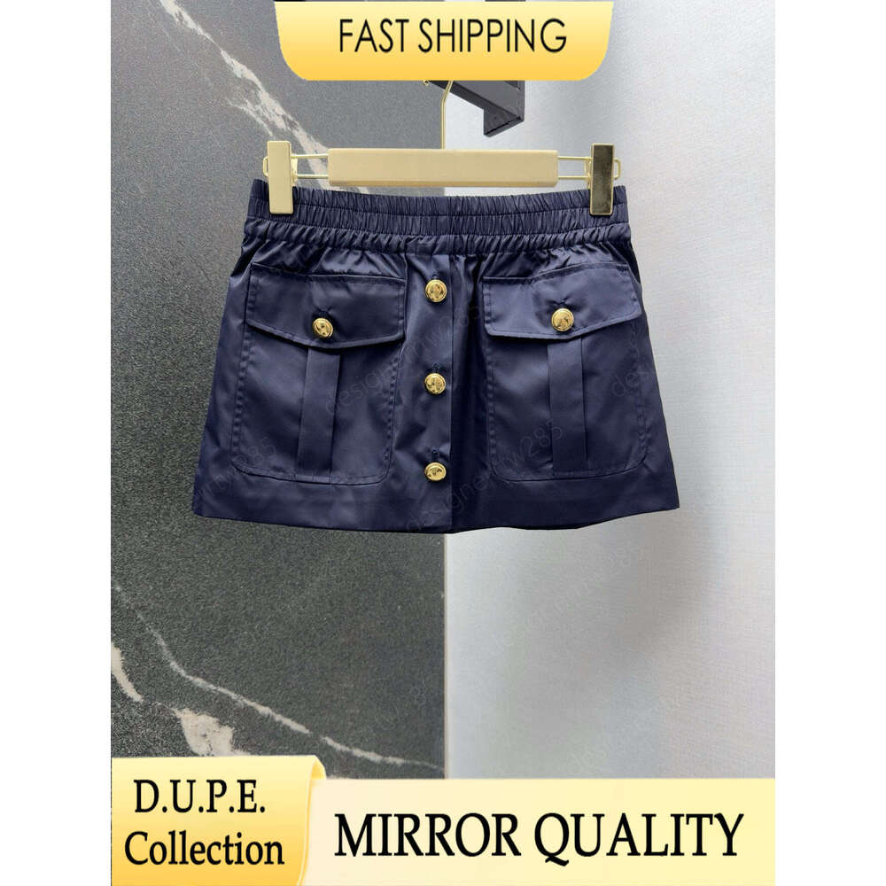 mium Designer Nylon Short Skirt with Gold Buttons Navy Blue Cargo Mini Skirts Women High Waist Elastic Waistband Luxury Brand Style Casual Short-image-1109227198