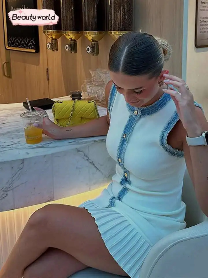 Women Elegant Pleated Patchwork Knitted Mini Dress Lady Round Neck Sleeveless Single Breasted Sleeveless Dresses Fashion Vestido 260604bj