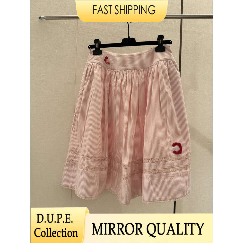 CC Designer Midi Skirt Luxury Brand Embroidered Letter Stripe Skirts Summer Pink Cotton A Line High Quality Vintage Vestidos Robe Jupe-image-1109286959