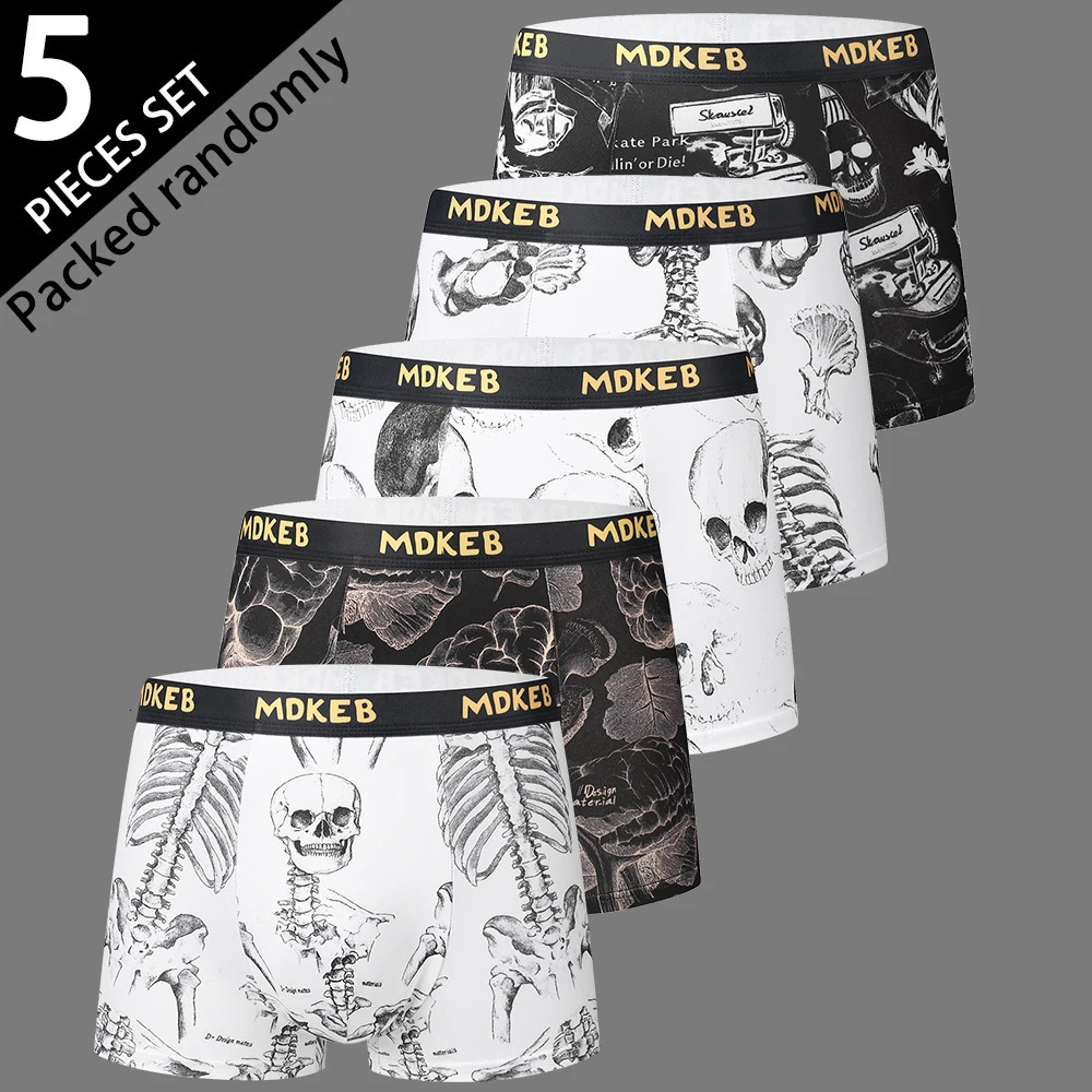 5Pack Mens Mixed Hair Boxer Briefs with Skull Print MidWaist Thin High Elastic Comfortable Shorts 260604