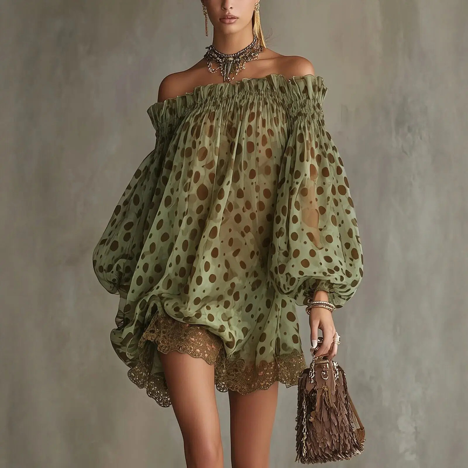 Fashion Women Elegant Polka Dot Party Cocktail Short Dress Off The Shoulder Puff Sleeve Lace Hem Loose Fit Evening Mini Dresses 260604bj