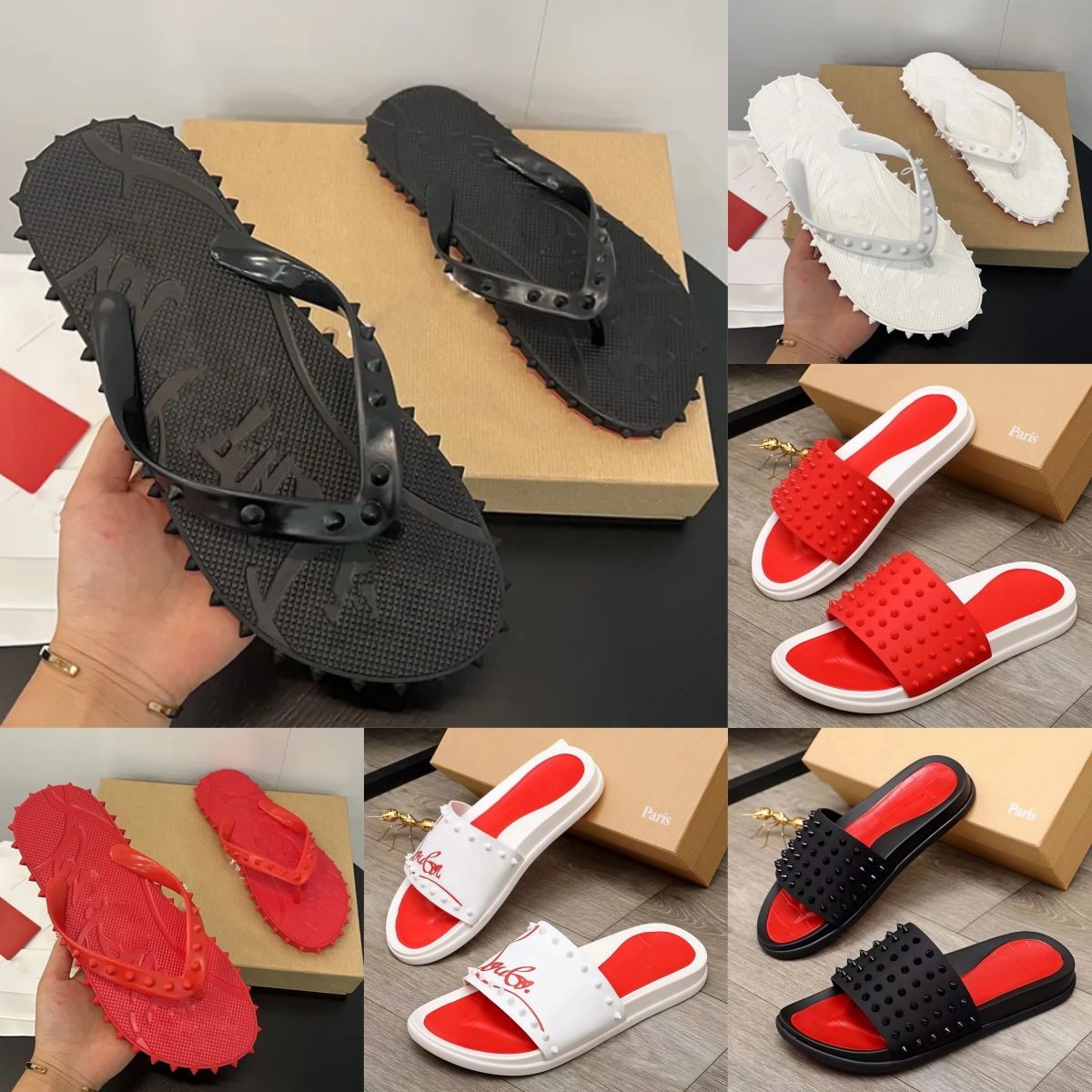 2026 New Men's Studded Slides Red Bottom Rubber Sandals Black Punk Style Outdoor Beach Shoes Non-Slip Luxury Designer Slippers 35-45
