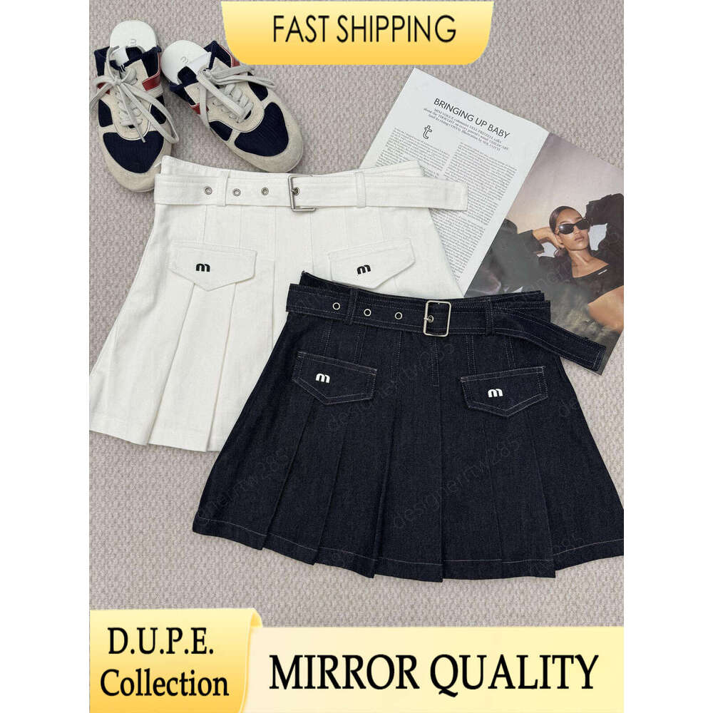 mium Designer Denim Pleated Skirt with Belt Dark Blue Jean Shorts Skirts High Waist Letters Badge Luxury Brand Style Flap Pockets Mini Skirt Dres-image-1109284688