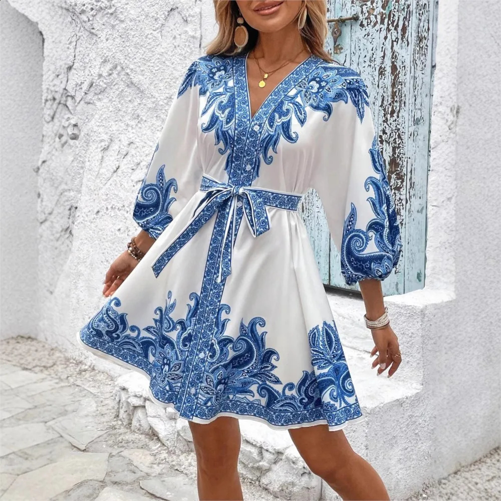Elegant Womens Retro Printed V Neck Lantern Sleeve Dress Spring Summer Fashion Cinched Waist Lace-up Female Vacation Shortskirt 260605