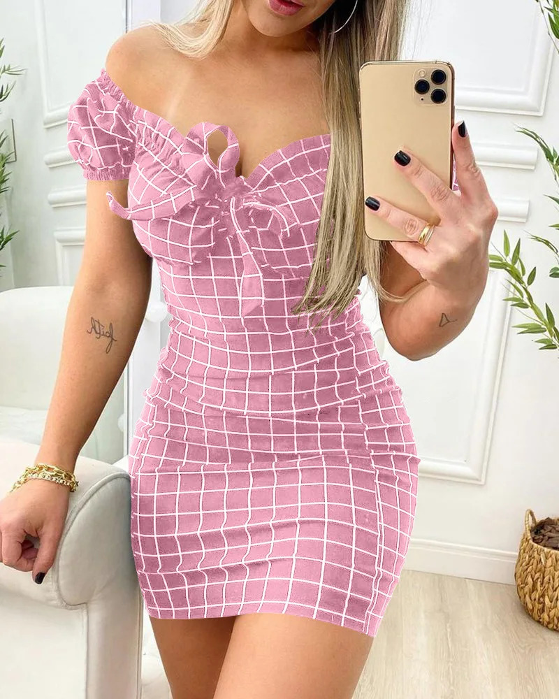 Summer dress sexy package buttocks short skirt of cross border grid print dress 260604bj