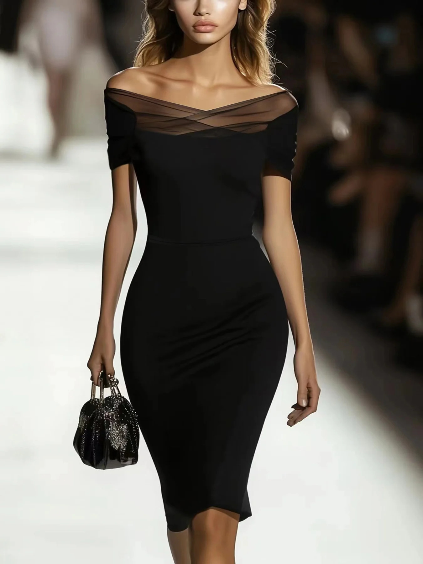 Spring and Summer Elegant and Fashionable Womens Mesh Splicing Temperament Slim-Fit One-Shoulder Black Short-Sleeved Hip-Hugging Dress 260604bj