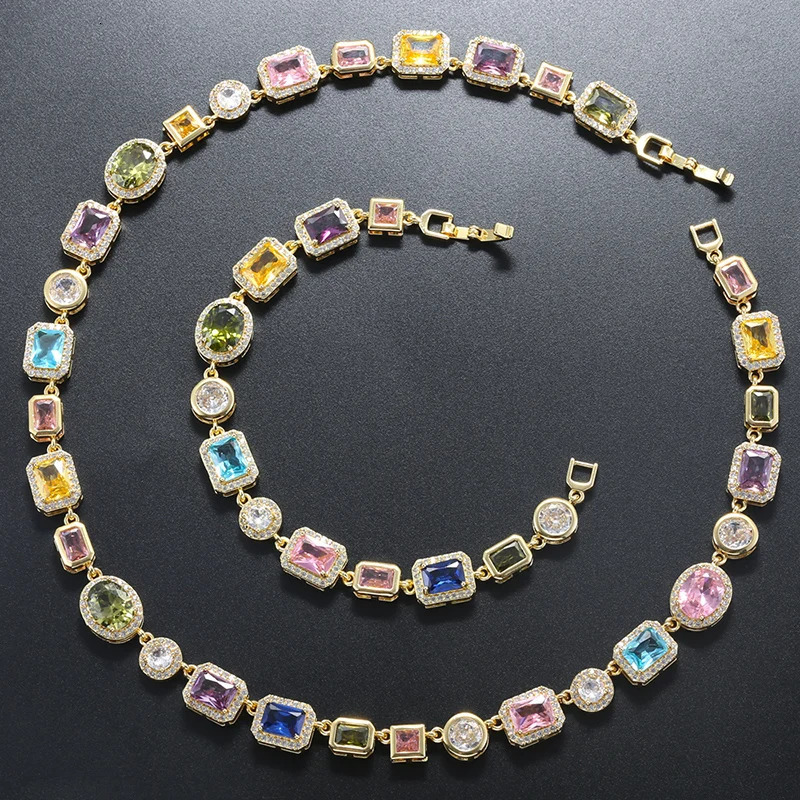 Colorful Mosaic Geometric Zircon Bracelet/Necklace Set Hip-Hop Retro Unisex Couples 18K Gold-Plated Brass JewelryVL661 VL662260530