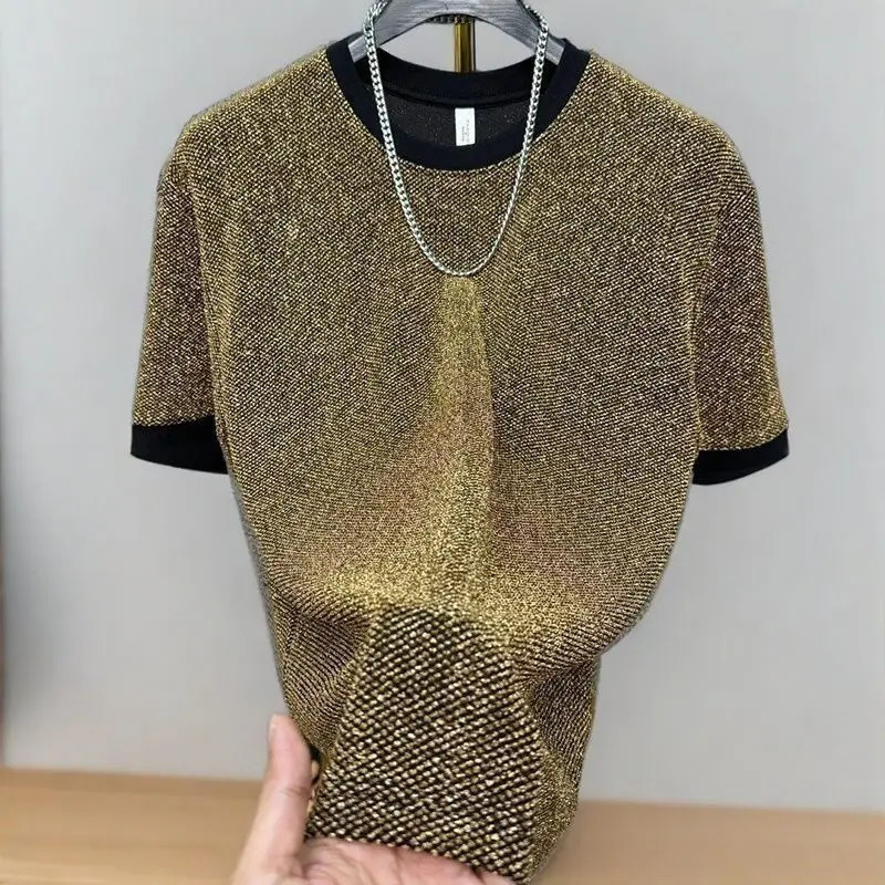 Shiny Silk Men O Neck Short Sleeve T Shirt Summer Fashion Hip Hop Punk All-match 2xl Oversize Streetwear Golden Silver Party Bar 260605
