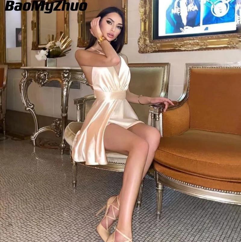 Satin Sexy Backless Sleeveless Party Mini Dresses Women Elegant V-Neck Bodycon Dress Spaghetti Straps Solid Slim Vestidos 260604bj
