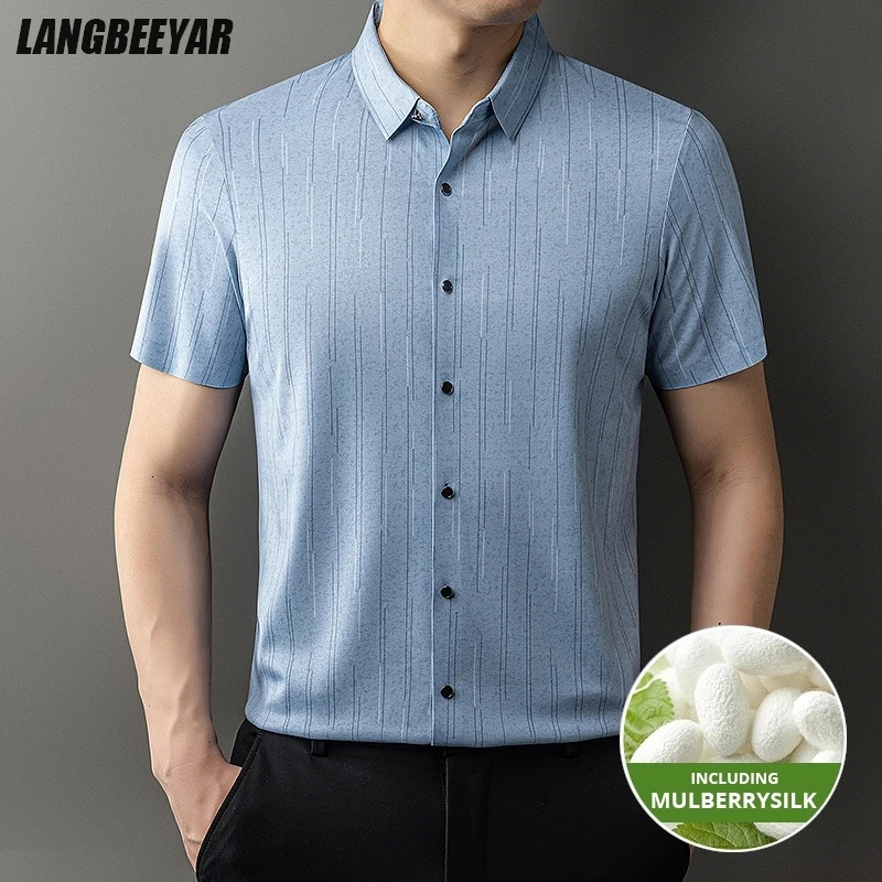 Top Grade Mulberry Silk Antiwrinkle Summer Slim Fit Shirt Short Sleeve Stripped Trendy Casual Fashion Men Clothes 260604BANJIA