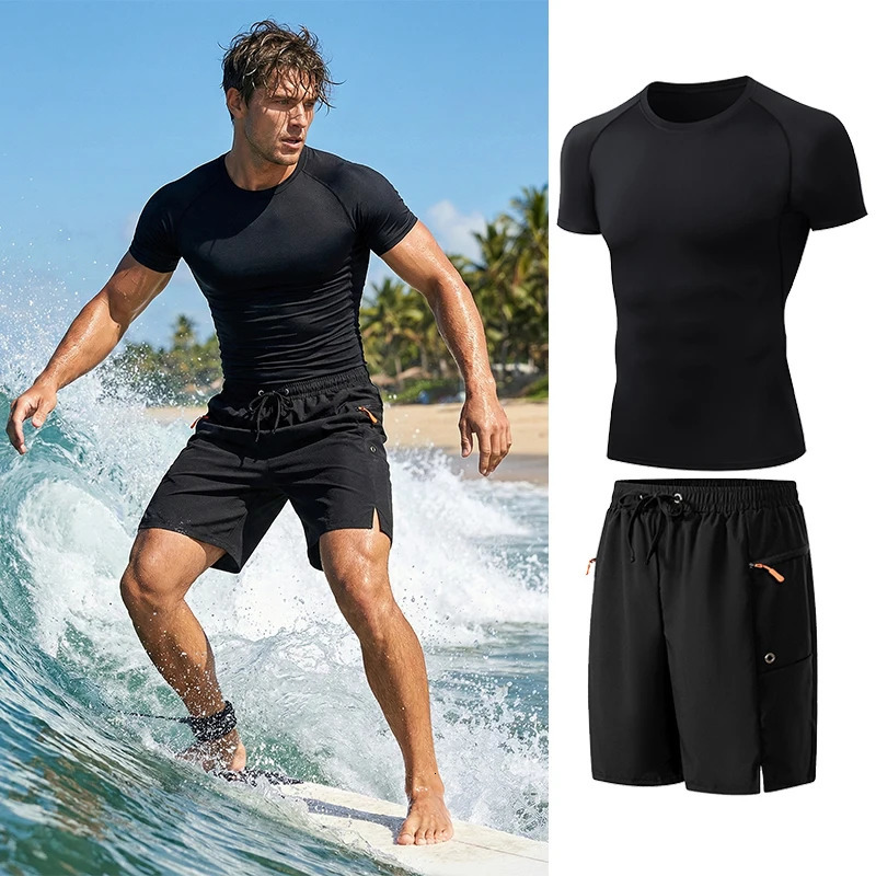 Mens Summer Casual Sport Surfing Suit 2 Piece Set Quick Dry Short Sleeve Rash Guard Board Shorts with Zipper Pocket Mesh Liner 260528BANJIA
