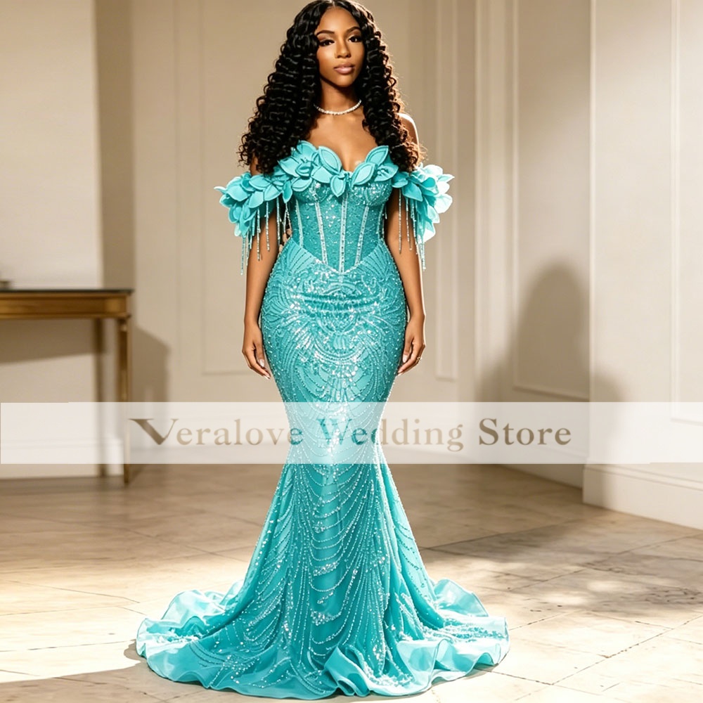 Turquoise épaules dénudées sirène robe de bal fleur 3D perlée Corset robes de soirée 2026 paillettes scintillantes Aso Ebi robes formelles
