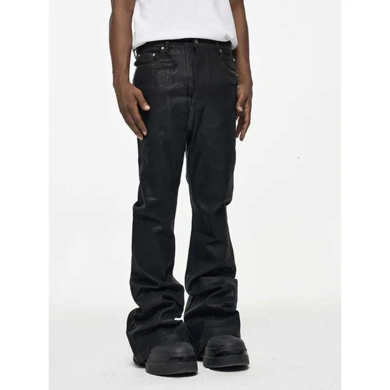 Mens High Street Vinyl Coated Black Jeans Crease Textured Wide Leg Boot Cut Slim Fit Casual Streetwear PantsT260605