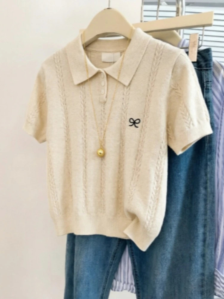 Trendy Versatile Casual Tee 2026 Summer Women Gray Knitted Polo Neck Tshirt Cute Bow Embroidery Short Sleeve Tops 260528BANJIA