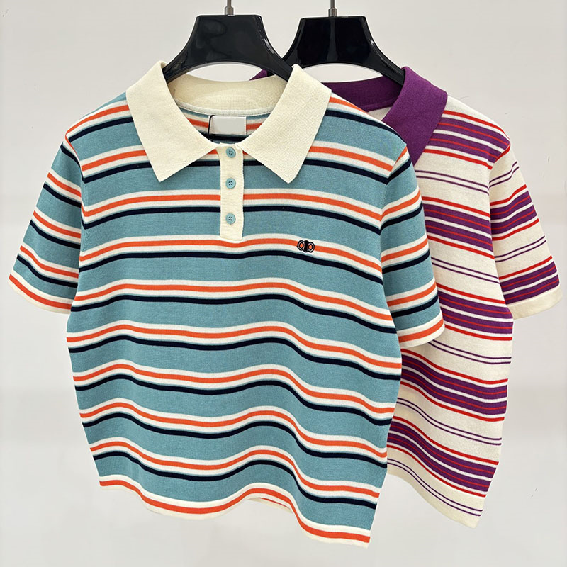 Polos en tricot de Style universitaire Vintage pour femmes, marque rayée, vêtements en tricot simples, t-shirt tricoté pour voyage en plein air d