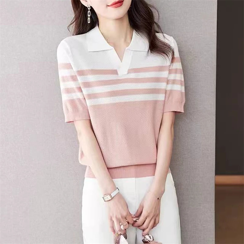 Womens POLO collar Tshirt summer 100 cotton knitted short sleeved casual striped shirt womens lapel pullover loose top 260528BANJIA