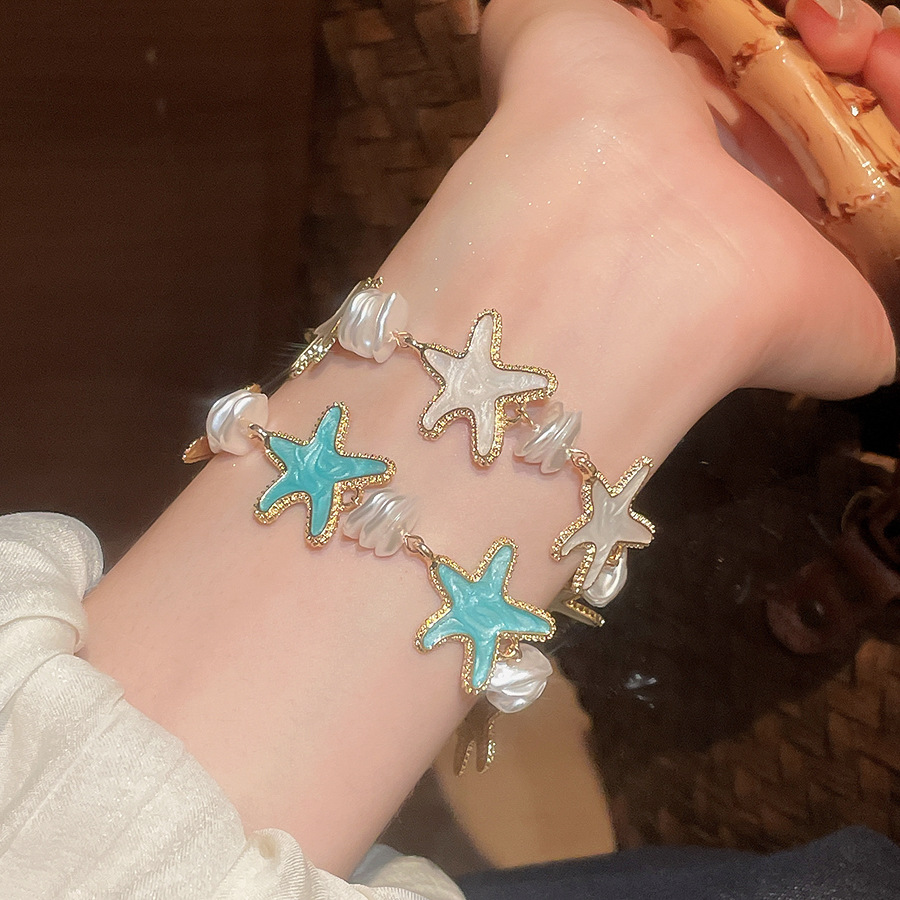 Fashionable Blue Starfish Bracelet, Beach Vacation Style, High-end Fashion Beaded Compact Bracelet-image-1109134789