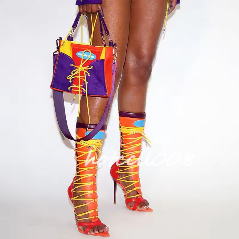 Cross Tied Hollow Mid Calf Boots Gladiator Open Toe Stiletto Heels Straps Women Sandals Splicing Lace-Up Pointed Toe Roman Boots Multi-Color Summer
