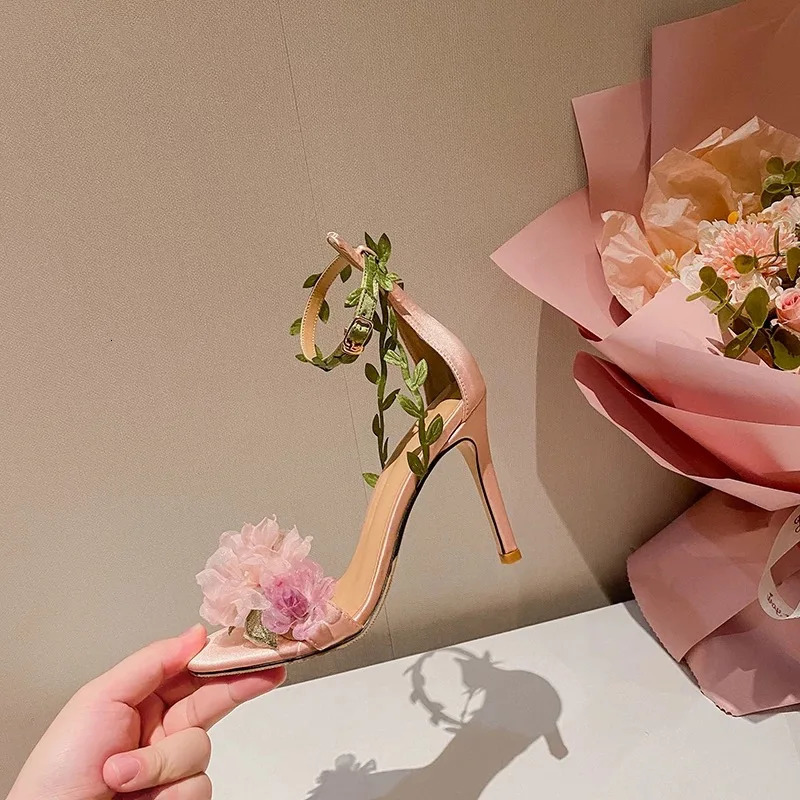 summer open toed slim heel pink flower fairy style buckle with high heels wedding shoes womens sandals 260604