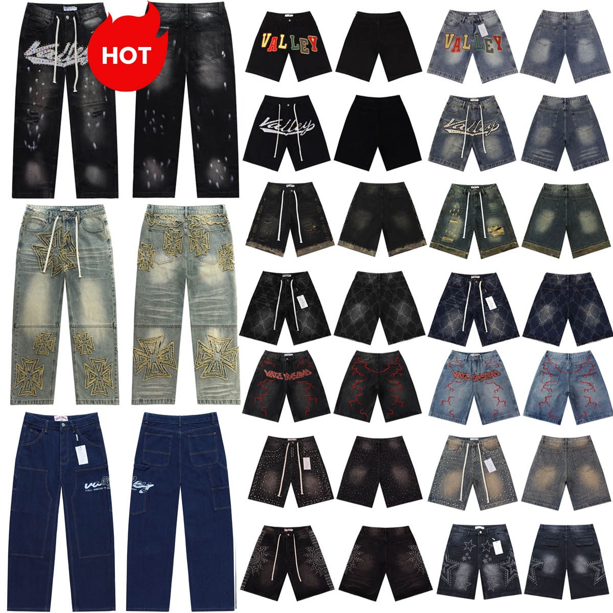 valley dream shorts jeans rhinestone jean shorts designer shorts cotton hip hop Washed Trendy Brand Vintage Letter Printing Jorts Street Wear pants