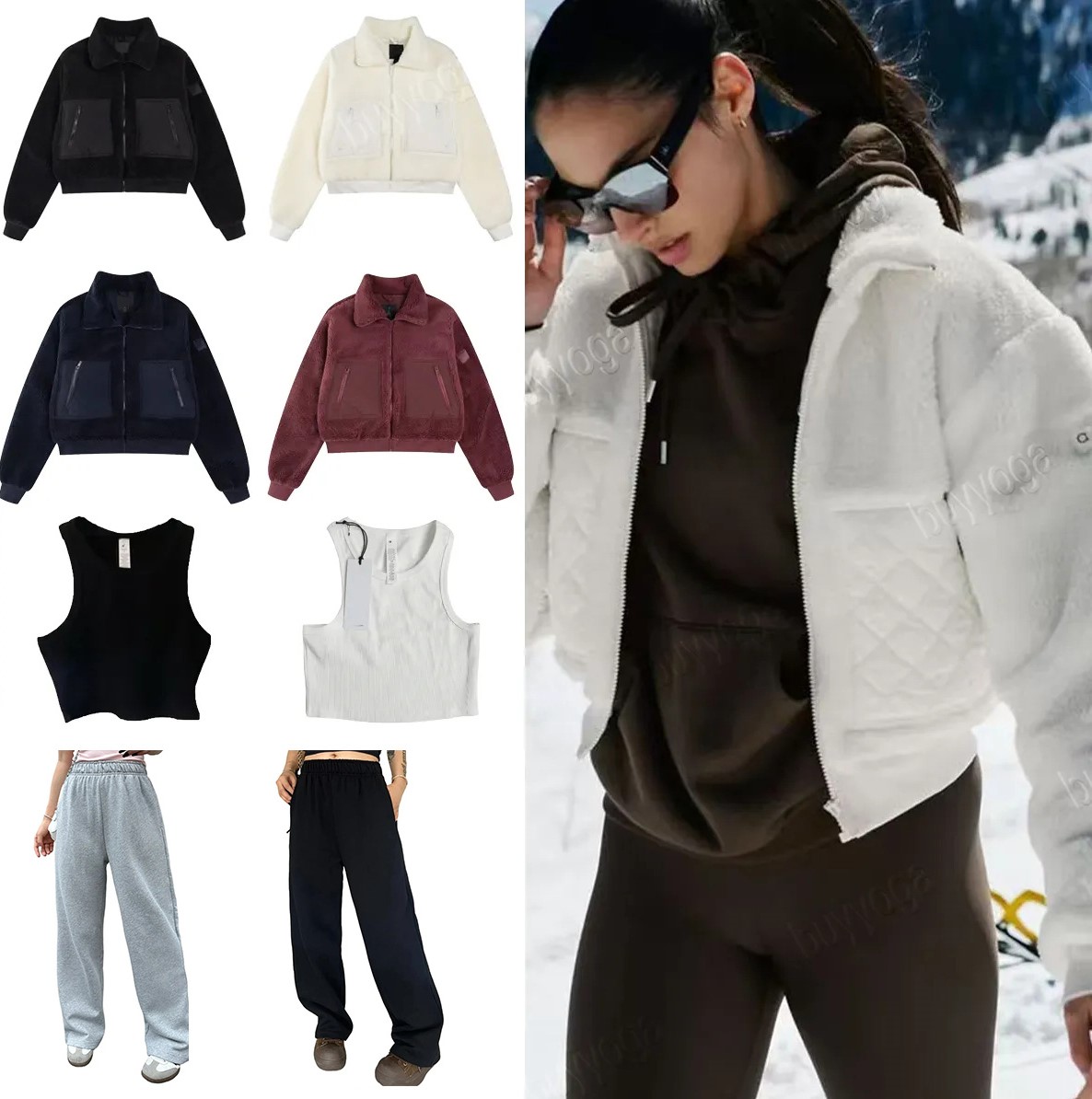 yoga New Women Clothes alolienly Set Stand Collar Zipper Top Underlay vest Pants Short Style Thickened for Warmth Fall Winter Sports Casual Wear Wom