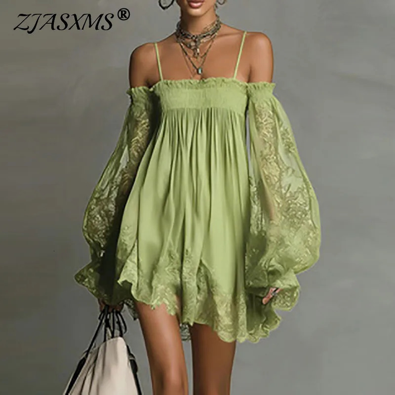 Boho Spring Off Shoulder Hollow Lace Dress Woman Elegant Puff Sleeve Ruffle Party Dresses Summer A-line Casual Holiday Mini Robe 260604bj