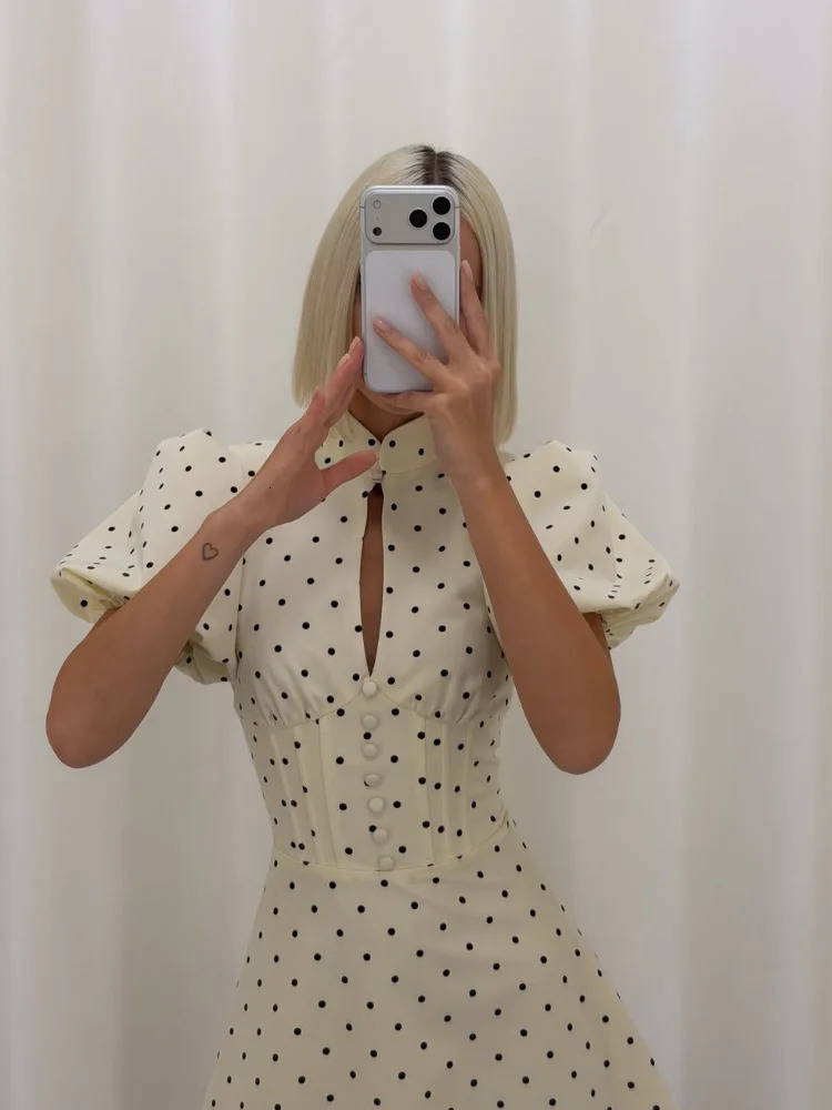 Women Retro Polka Dot Mini A-line Dress Elegant Stand Collar Puff Short Sleeve Waist-cinching Dresses Lady Party Robe 2026 260604bj