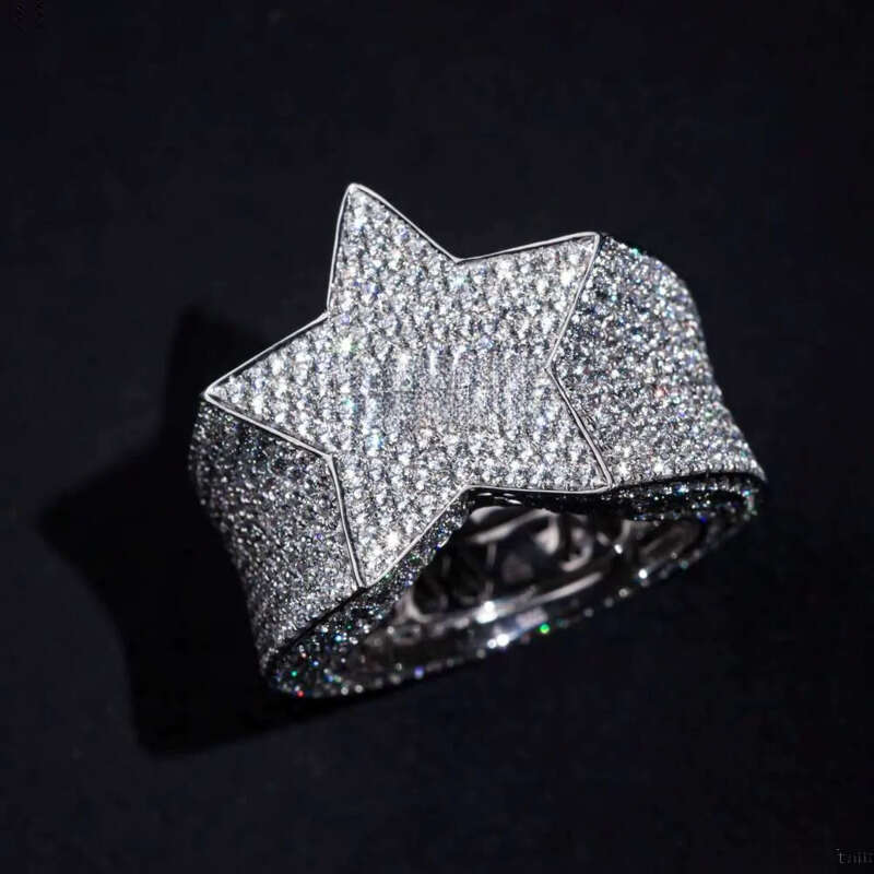 Hip-Hop Rock Style Iced Out 5-Point 925 Sterling Silver with DEF VVS Moissanite Men's Ring Popular Star Fashion
