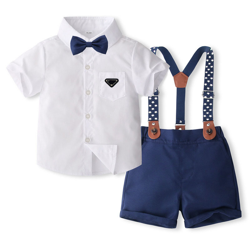 Vêtements de créateurs pour enfants de 1 à 5 ans, tenues d'été pour bébé garçon, style britannique, chemises et bretelles blanches à manches cour