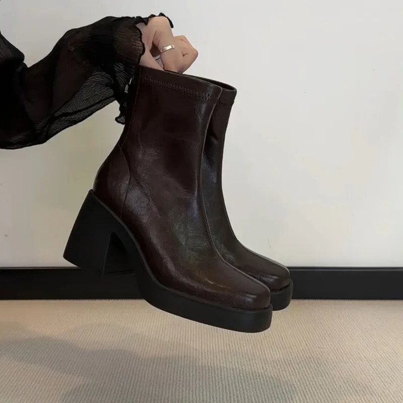 Square Toe Thick Sole Winter Fashion Zipper Sexy Simple Womens Boots Waterproof Platform Comfortable Womens High Heels 260604BJ