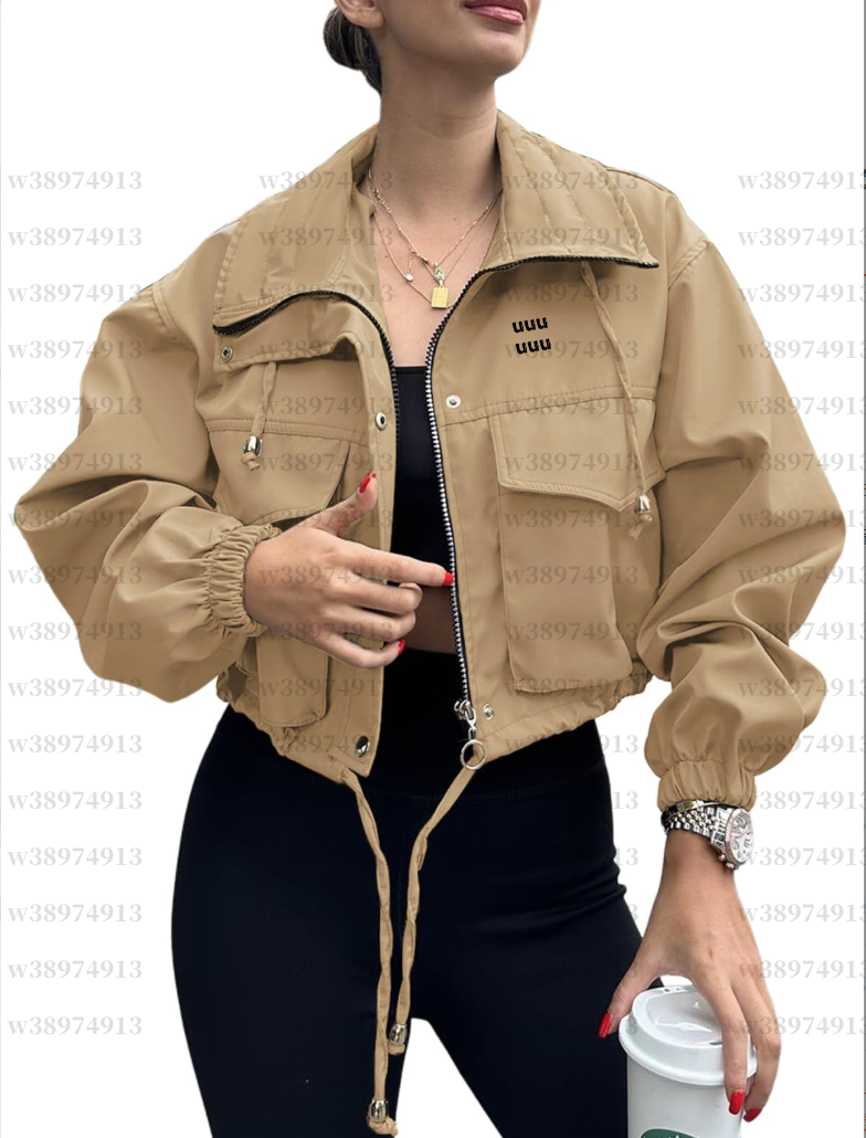 Women Lapel Collar Cropped Cargo Jacket Loose Drawstring Pocket Zipper Outerwear Spring Autumn Streetwear Solid Color Coat