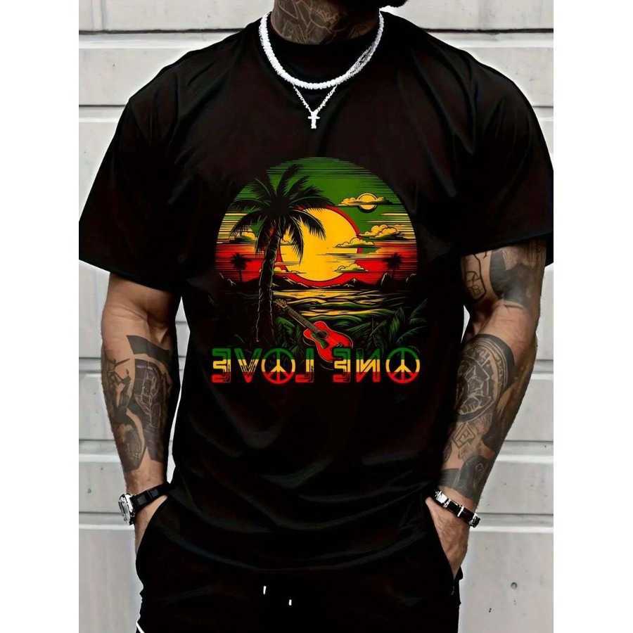 ArrivalOne New Love Reggae T-Shirt Mens Caribbean Sunset Graphic T Casual Short Slve Top Black D260606
