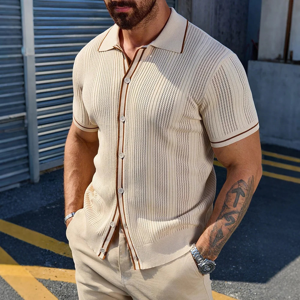 Mens Short Sleeve Summer Fashion Retro Knit Lapel Top Solid Color Soft Breathable Light Polo Knitwear Men US Size 260604BANJIA