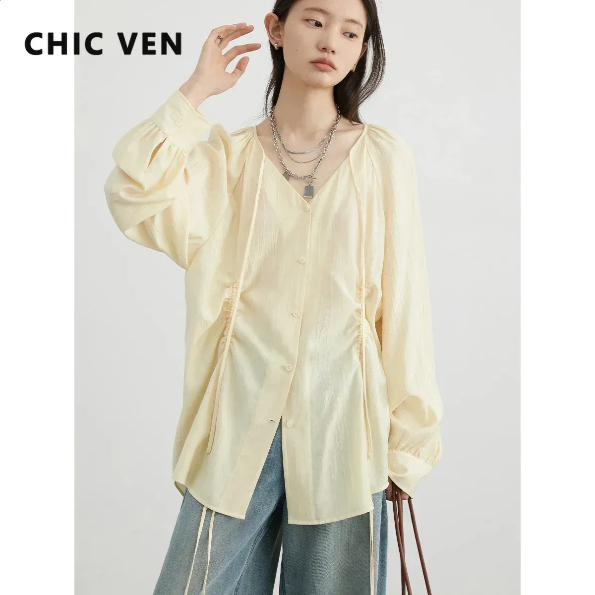 CHIC VEN Women Loose Lace Up Shirt Solid Korean Vneck Pleated Raglan Long Sleeved Blouses Female Tops Spring Summer 2026 260603