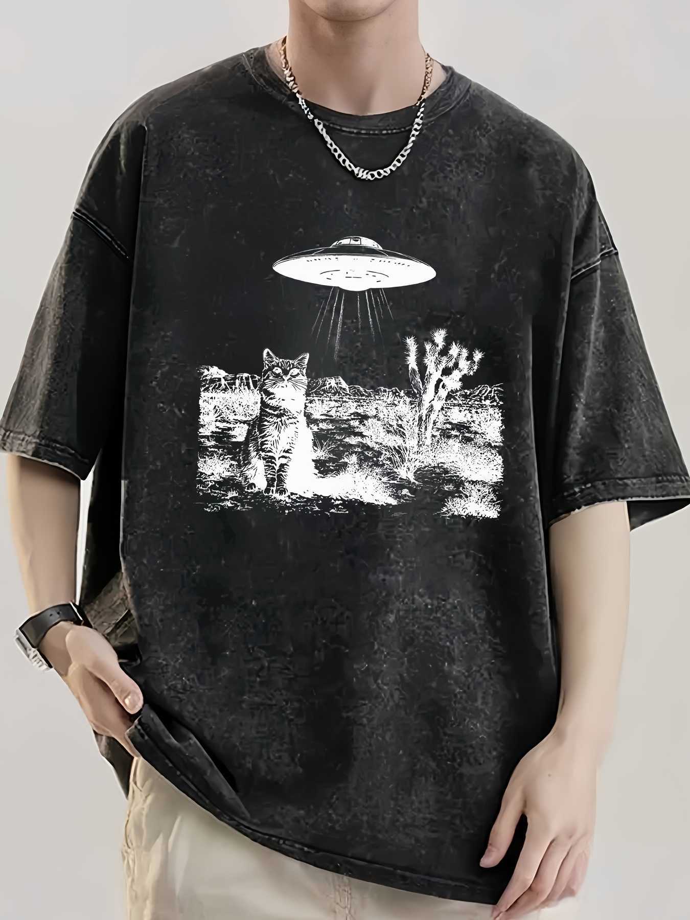 Mens Summer Trendy Discoid Cat Print High-Quty T-Shirt with Vintage Washed 100 Cotton Round Neck Hip-Hop Short Slve D260606