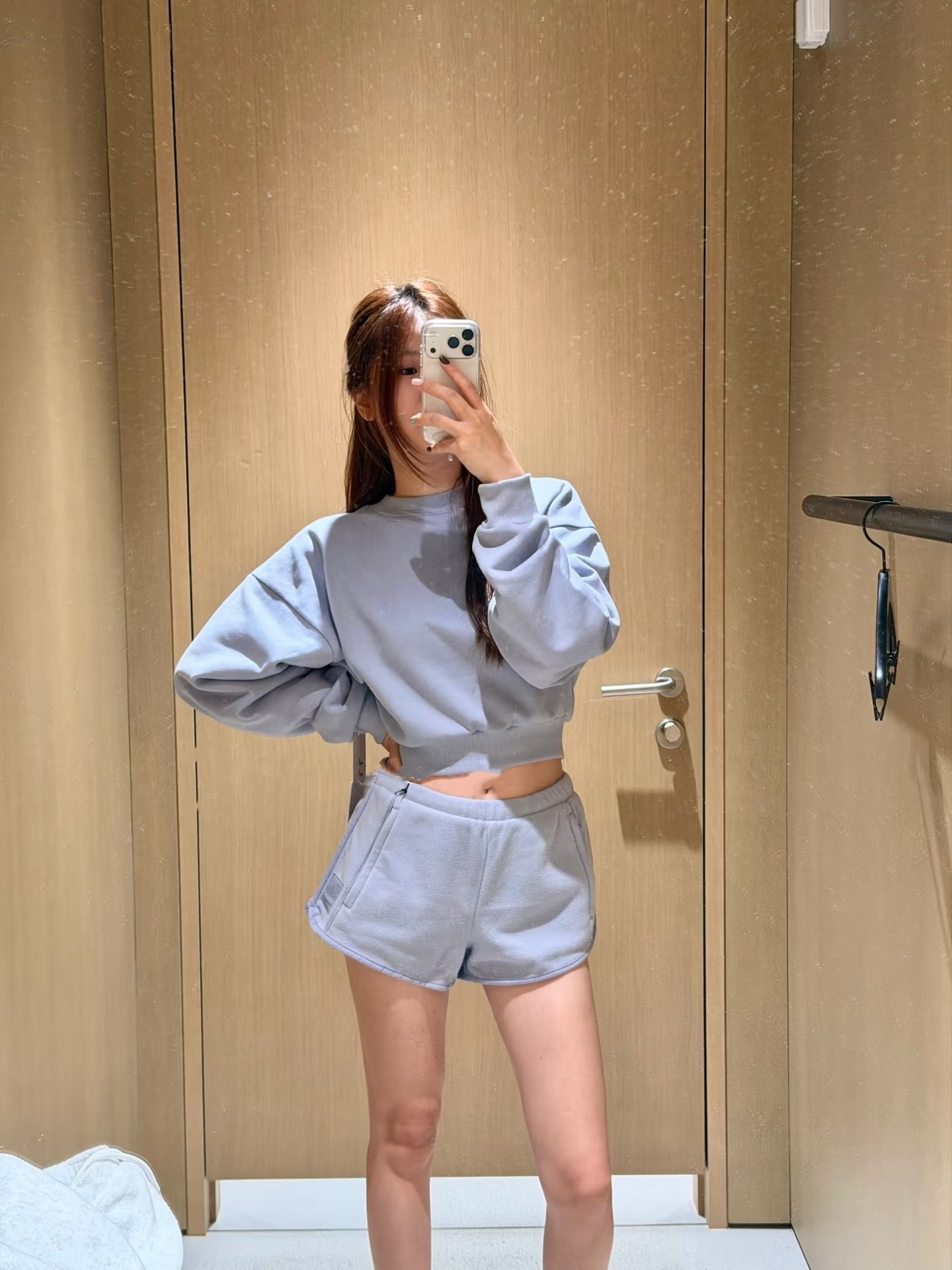 Women Summer Cotton Terry 2 Piece Outfit, Cropped Crop Top Long Sleeve Crewneck Sweatshirt + Drawstring Shorts Casual Tracksuit-image-1109286587