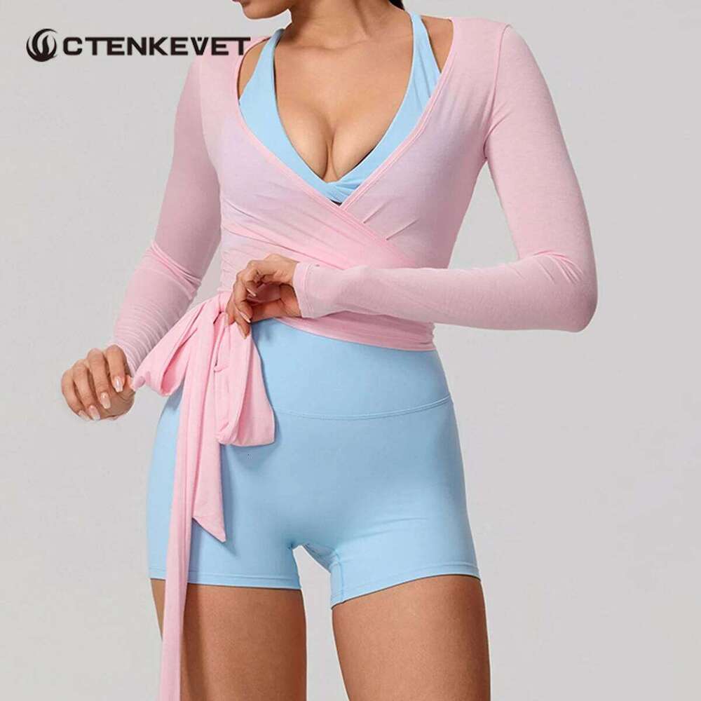 New Summer Women's Long Sleeve One Piece Strap Yoga Clothing Female Training Premium Ballet Wrap TopsWoman Gym Sports Top 59061