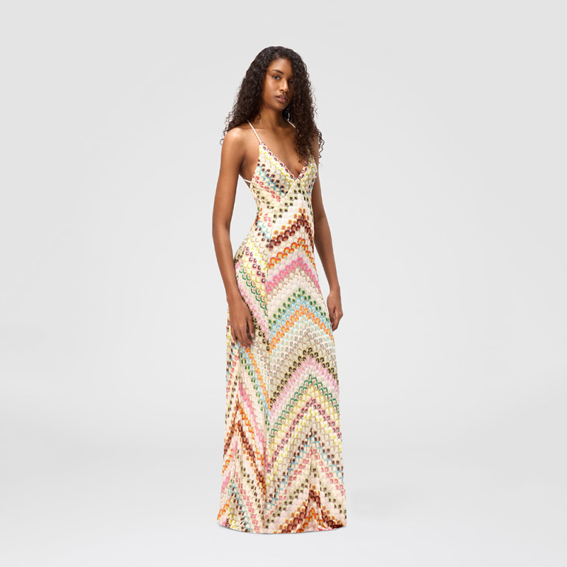 Multicolor Chevron Crochet Maxi Dress, Backless Spaghetti Strap Split Knit Long Beach Dress