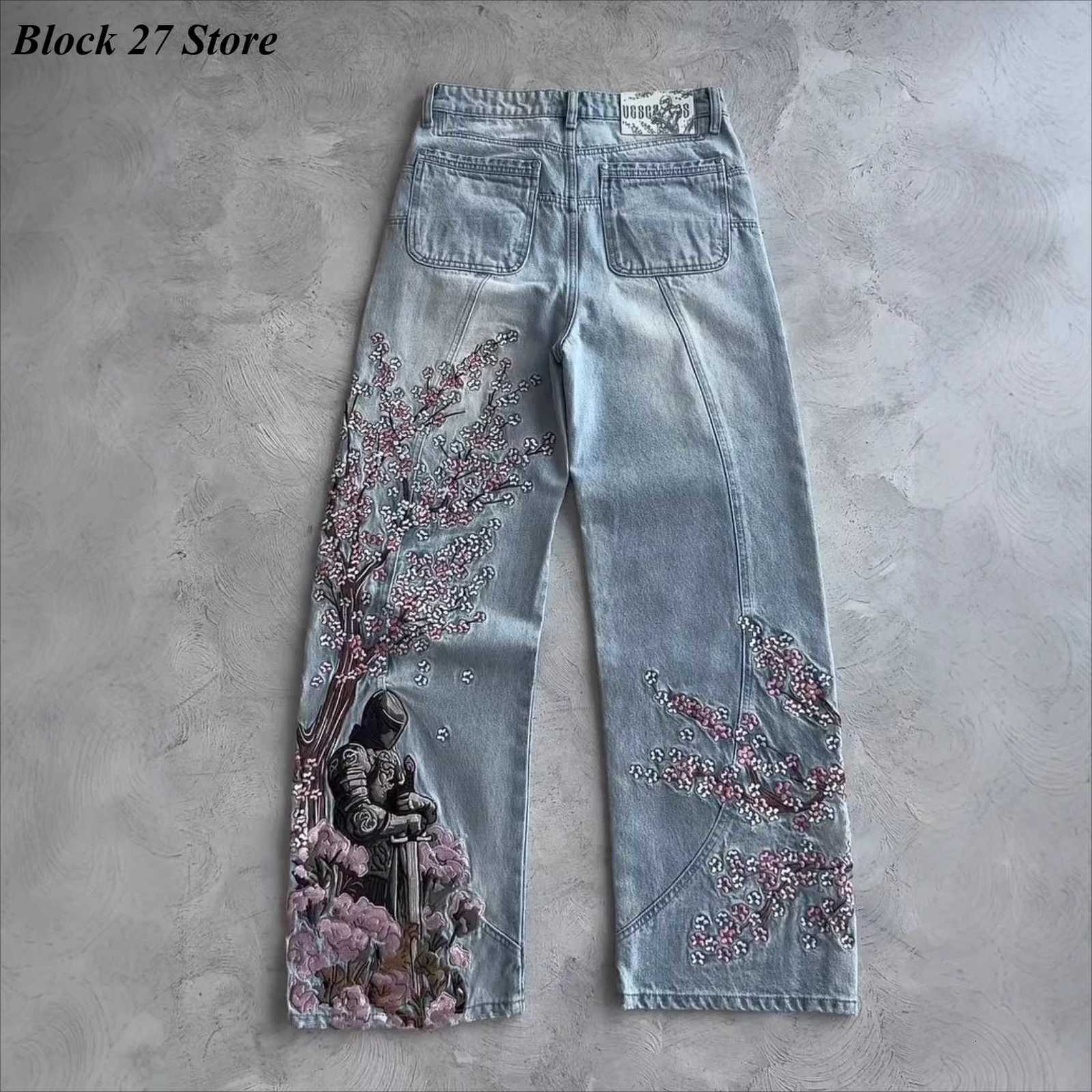 Mens Jeans Y2K Vintage Streetwear Light Blue Wide Leg Denim Pants Embroidery Knight Sakura Flower Washed Loose Fit Retro StyleT260606