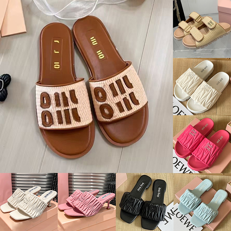 Designer Sandals Summer Raffia-effect Woven Fabric slides sandal mm Women Matelasse nappa leather flat slides Luxury Slippers Womens Fashion Slide S