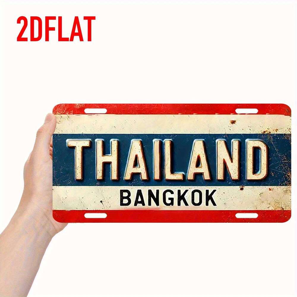 Vintage Thailand Bangkok Metal License Plate Wall Art Aluminum Retro Red & Blue Design with 'Thailand Bangkok' Text - Rusti 26Y0606