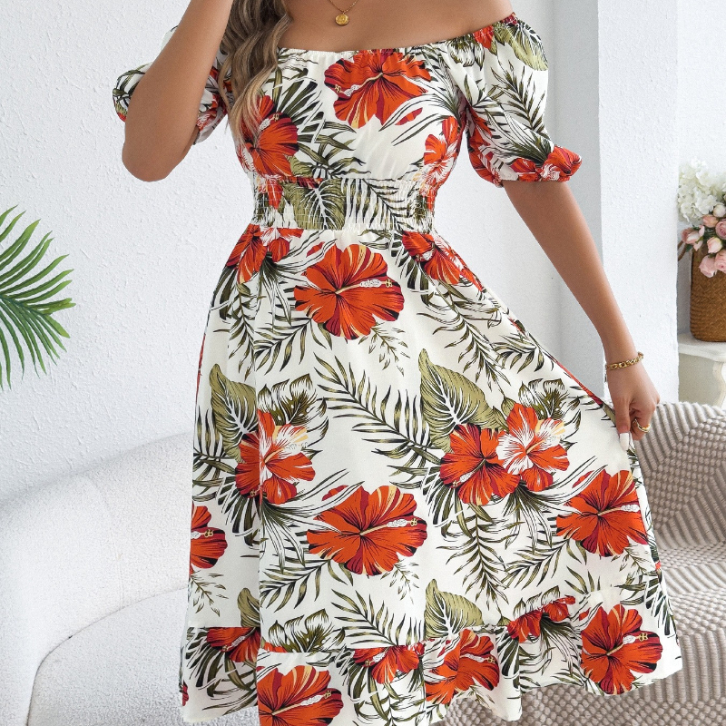 (371) Spring/Summer Floral Off-Shoulder Short-Sleeve Ruffled A-Line Dress Vacation Beachwear-image-1109323427