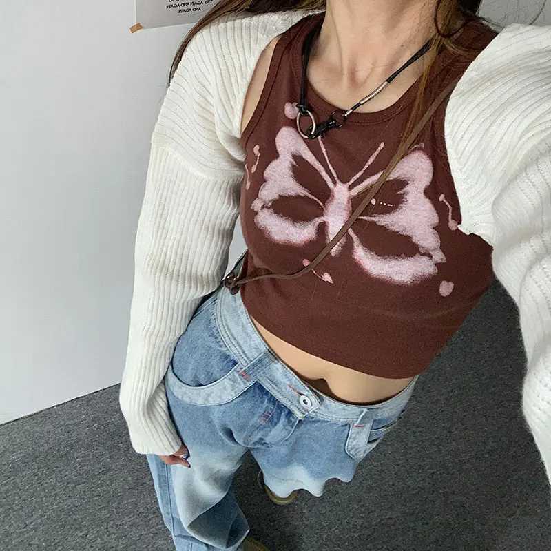 Aesthetic Punk E-girls Sleeveless Tank Y2K Top 90s Streetwear Butterfly Print Crop Top Women Harajuku Vintage Brown Tank Clothes X260606