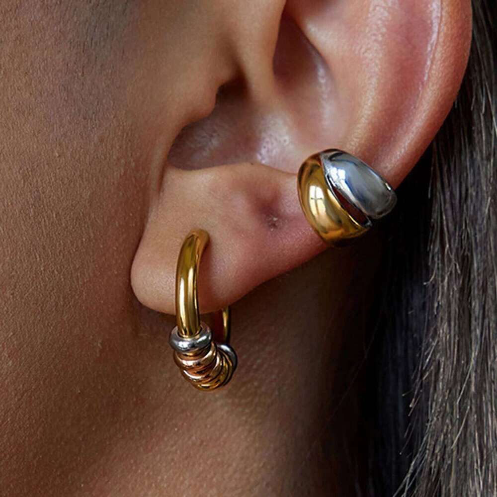 Uworld Stainless Steel 18k PVD Gold Color Plated Waterproof Two Tone Circle Earrings Simple Classic Women's Jewelry
